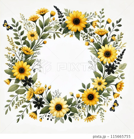 緑の葉と黄色と黒の花のフレーム 115665755