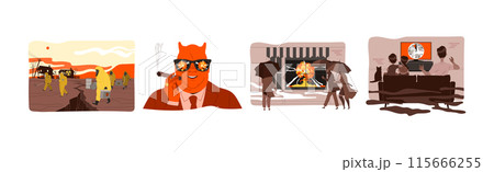 Danger of Nuclear Catastrophe with Horned Evil Man Vector Illustration Set Danger of Nuclear Catastrophe with Horned Evil Man Vector Illustration Set 115666255