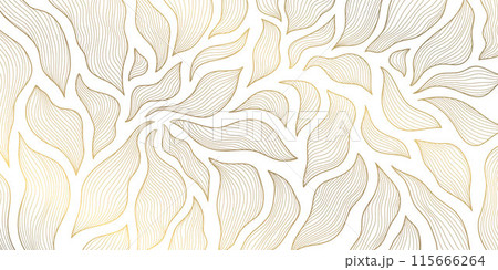 Vector art deco line pattern. Gold leaves abstract background, fancy nature ornament, plant flower texture. Wave nouveau print, vintage jungle illustration 115666264
