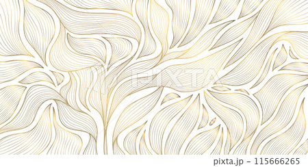 Vector art deco line pattern. Gold leaves abstract background, fancy nature ornament, plant flower texture. Wave nouveau print, vintage jungle illustration 115666265