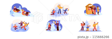 Happy Family in Winter Season Enjoy Recreation Activity Vector Set Happy Family in Winter Season Enjoy Recreation Activity Vector Set 115666266
