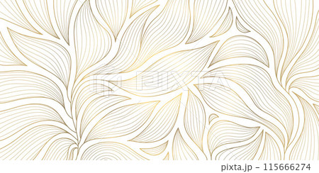 Vector art deco line pattern. Gold leaves abstract background, fancy nature ornament, plant flower texture. Wave nouveau print, vintage jungle illustration Vector art deco line pattern. Gold leaves abstract background, fancy nature ornament, plant flower texture. Wave nouveau print, vintage jungle illustration 115666274