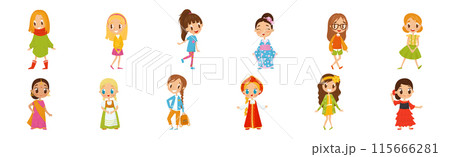 Cute Girl Kid Dressed in Elegant Clothes Standing and Smiling Vector Set Cute Girl Kid Dressed in Elegant Clothes Standing and Smiling Vector Set 115666281