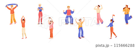 Man and Woman Sport Fan Character Supporting Team Cheering at Stadium Vector Set 115666288
