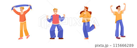 Man and Woman Sport Fan Character Supporting Team Cheering at Stadium Vector Set 115666289