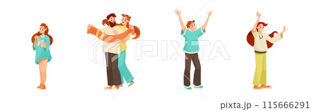 Man and Woman Sport Fan Character Supporting Team Cheering at Stadium Vector Set 115666291