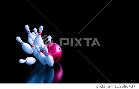 Bowling ball crashing into white pins Bowling ball crashing into white pins 115666437