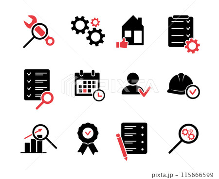 Inspection silhouette icons set. Black icons for quality control, testing, inspect, check, verify, examination. Vector Inspection silhouette icons set. Black icons for quality control, testing, inspect, check, verify, examination. Vector 115666599