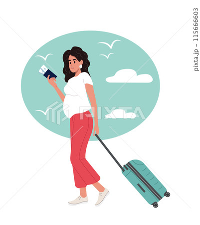 Young pregnant woman, tourist on vacation with suitcase Airplane trip, flight during pregnancy. Summer holiday background. Young pregnant woman, tourist on vacation with suitcase Airplane trip, flight during pregnancy. Summer holiday background. 115666603