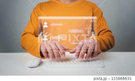 Man wearing an orange shirt chatting with a smart AI using an artificial intelligence chatbot developed by OpenAI, Chat bot concept, Artificial intelligence system support is the future, Chat with AI. Man wearing an orange shirt chatting with a smart AI using an artificial intelligence chatbot developed by OpenAI, Chat bot concept, Artificial intelligence system support is the future, Chat with AI. 115666631