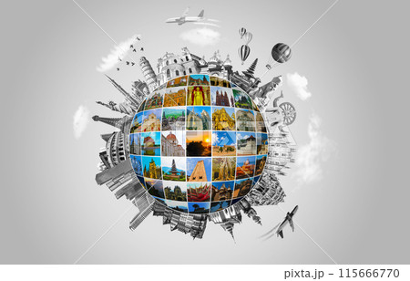 World religious and architecture monuments - collage or globe from different religions from Bali, Thailand, Cambodia at Asia and Florens, Spain in Europe. Travel and tourism with famous world World religious and architecture monuments - collage or globe from different religions from Bali, Thailand, Cambodia at Asia and Florens, Spain in Europe. Travel and tourism with famous world 115666770
