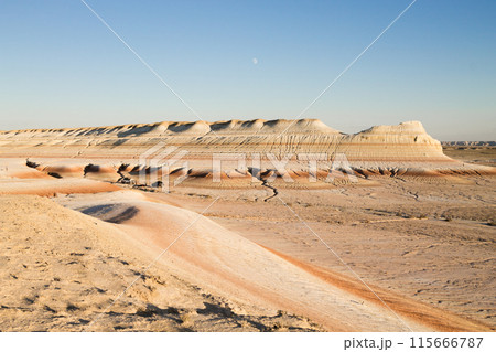 Kyzylkup area landscape, Mangystau desert. Rock strata formations 115666787