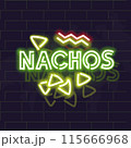 Neon nachos poster. Typography with nachos silhouettes on brick wall background. 115666968