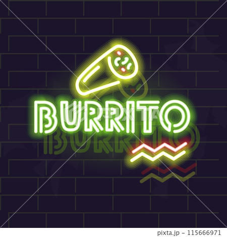 Neon burrito poster. Typography with burrito silhouette on brick wall background. 115666971