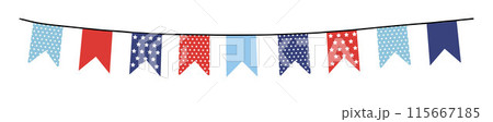 Bunting garland. Party flags with polka dots, stars in USA flag colors isolated on background. Vector illustration, web banner. Memorial, labor day. Independence day, 4th July. Birthday, anniversary 115667185