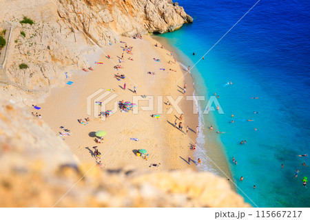 Top view on the beach and umbrellas. A place for relaxation and recovery.  115667217