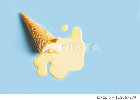 waffle cone with melted yellow ice cream 115667274