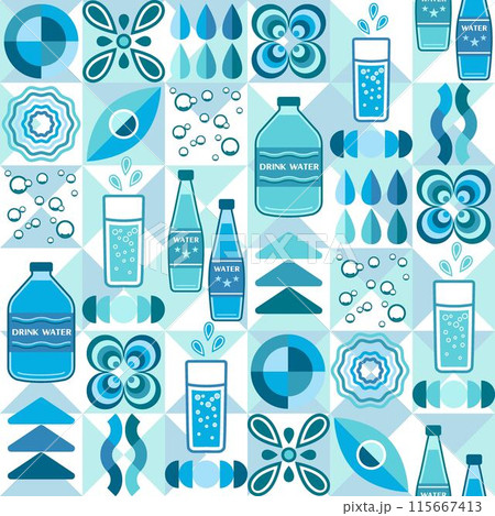 Pattern with water icons, design elements in flat simple geometric style. Seamless background with abstract shapes. For branding, decoration of food package, cover design, textile kitchen prints 115667413