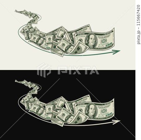 Money dollar horizontal composition like wave with 100 dollar notes, banknotes, bills. Perspective view. Illustration, design element in vintage style. 115667420