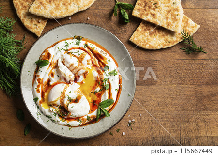 Turkish eggs Cilbir, Turkish breakfast Turkish eggs Cilbir, Turkish breakfast 115667449