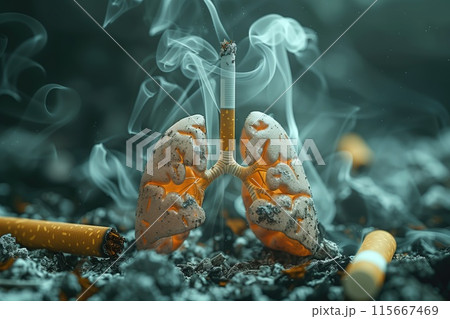 A visual of human lungs and a cigarette, symbolizing the impact on cigarettes 115667469