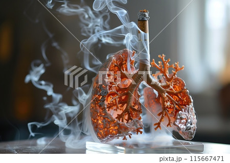 A visual of human lungs and a cigarette, symbolizing the impact on cigarettes 115667471