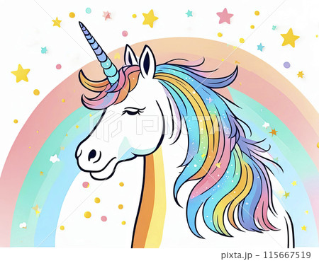Cute cartoon happy magic unicorn with rainbow on a white background. 115667519