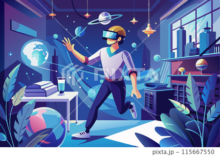 Man in VR glasses vector illustration. Window interfaces with space, cityscape. Virtual reality experience concept. Vector illustration Man in VR glasses vector illustration. Window interfaces with space, cityscape. Virtual reality experience concept. Vector illustration 115667550