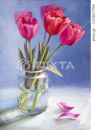 Still life with red flowers tulips, oil painting 115667704