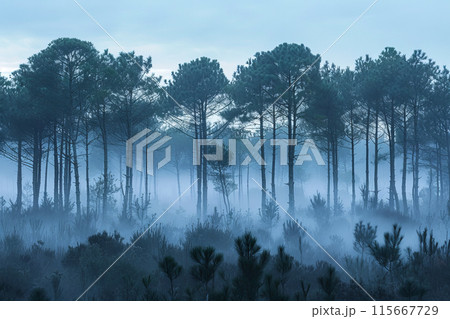 A forest with foggy trees and a cloudy sky 115667729