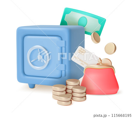 3d Financial and Banking Services Concept Cartoon Design Style. Vector illustration of Safe Box and Purse Wallet 115668195