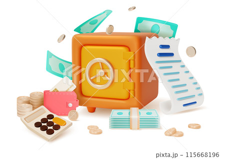 3d Financial and Banking Services Stored Money Concept Cartoon Design Style. Vector illustration of Safe Deposit and Calculator 3d Financial and Banking Services Stored Money Concept Cartoon Design Style. Vector illustration of Safe Deposit and Calculator 115668196