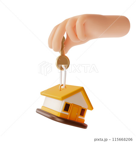 3d Financial and Banking Services Concept Hand Putting House Keychain Cartoon Design Style. Vector illustration 115668206