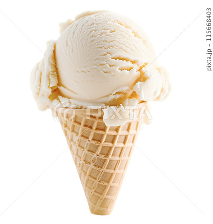 Single scoop of vanilla ice cream in a waffle cone isolated on white background Single scoop of vanilla ice cream in a waffle cone isolated on white background 115668403