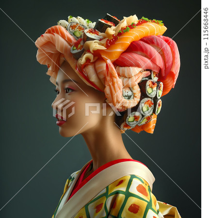 Asian woman wearing a headpiece made of sushi and sashimi, dressed in kimono 115668446