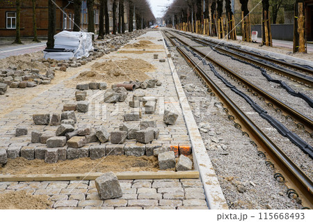 Street reconstruction, tree trunks with board covers, newly replaced tram tracks, unfinished pavement 115668493