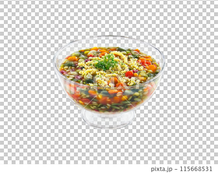 Minestrone Soup with mixed vegetables beans and pasta served in a transparent glass bowl Italian Minestrone Soup with mixed vegetables beans and pasta served in a transparent glass bowl Italian 115668531
