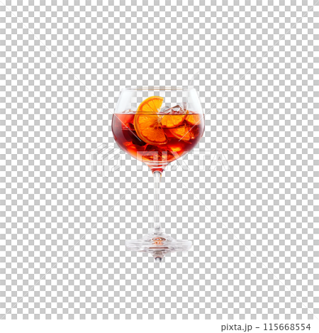 Negroni glass short and filled with deep red bitter cocktail one empty and one garnished 115668554