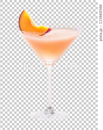 Peachy Keen Fruity pink cocktail in a wine glass garnished with a slice of peach Peachy Keen Fruity pink cocktail in a wine glass garnished with a slice of peach 115668566