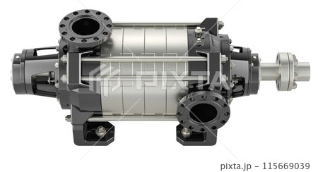 Horizontal Multistage Centrifugal Pump, side view. 3D rendering Horizontal Multistage Centrifugal Pump, side view. 3D rendering 115669039