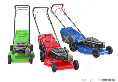 Lawn mowers, colored. 3D rendering Lawn mowers, colored. 3D rendering 115669040