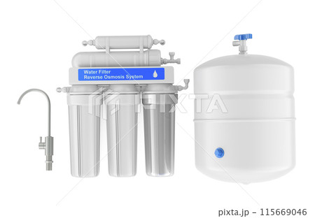Reverse Osmosis System. Home Drinking Water System, 3D rendering Reverse Osmosis System. Home Drinking Water System, 3D rendering 115669046