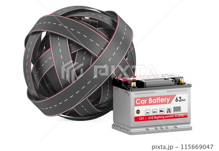 Roads knot with car battery. 3D rendering Roads knot with car battery. 3D rendering 115669047