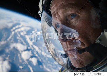 A fictional character in an electric blue space suit gazes at the Earth 115669095