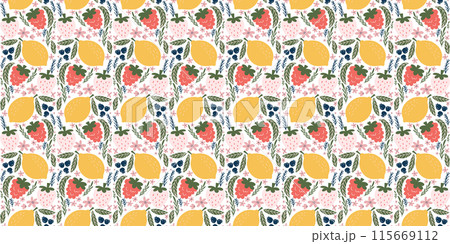Whimsical seamless pattern adorned with illustrations of white strawberries, raspberries, lemons, blackberries, pink flowers, and green leaves, creating a playful and modern design. 115669112