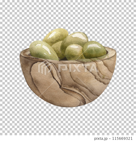 Olives, olive, green, wooden plate, olive oil, food, cooking, Greece. The illustration is painted in watercolor on a white background. For packaging design, textiles, fabrics, postcards, invitations. 115669321