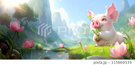 Banner Happy Adorable Pink Pig, Piglet Eating Grass in Blooming Sunny Meadow near the Lake, Mountains on Background. Copy Space For Text. AI Generated. Horizontal Plane 115669339