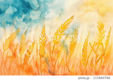 Abstract watercolor background with golden wheat in a field, suitable for autumn and agricultural projects Abstract watercolor background with golden wheat in a field, suitable for autumn and agricultural projects 115669788