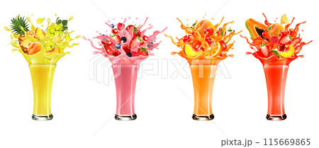 Set of fruit juice splash. Whole and sliced pineapple, mango, peach, orange, cherry, blueberry, strawberry, grape, papaya in juice with splashes and drops isolated on transparent background. Vector. Set of fruit juice splash. Whole and sliced pineapple, mango, peach, orange, cherry, blueberry, strawberry, grape, papaya in juice with splashes and drops isolated on transparent background. Vector. 115669865