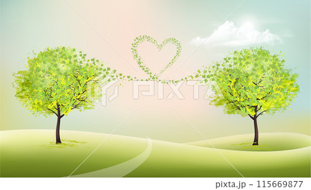 Summer natural background with green trees and leaves collected in the shape of a heart. Vector Summer natural background with green trees and leaves collected in the shape of a heart. Vector 115669877